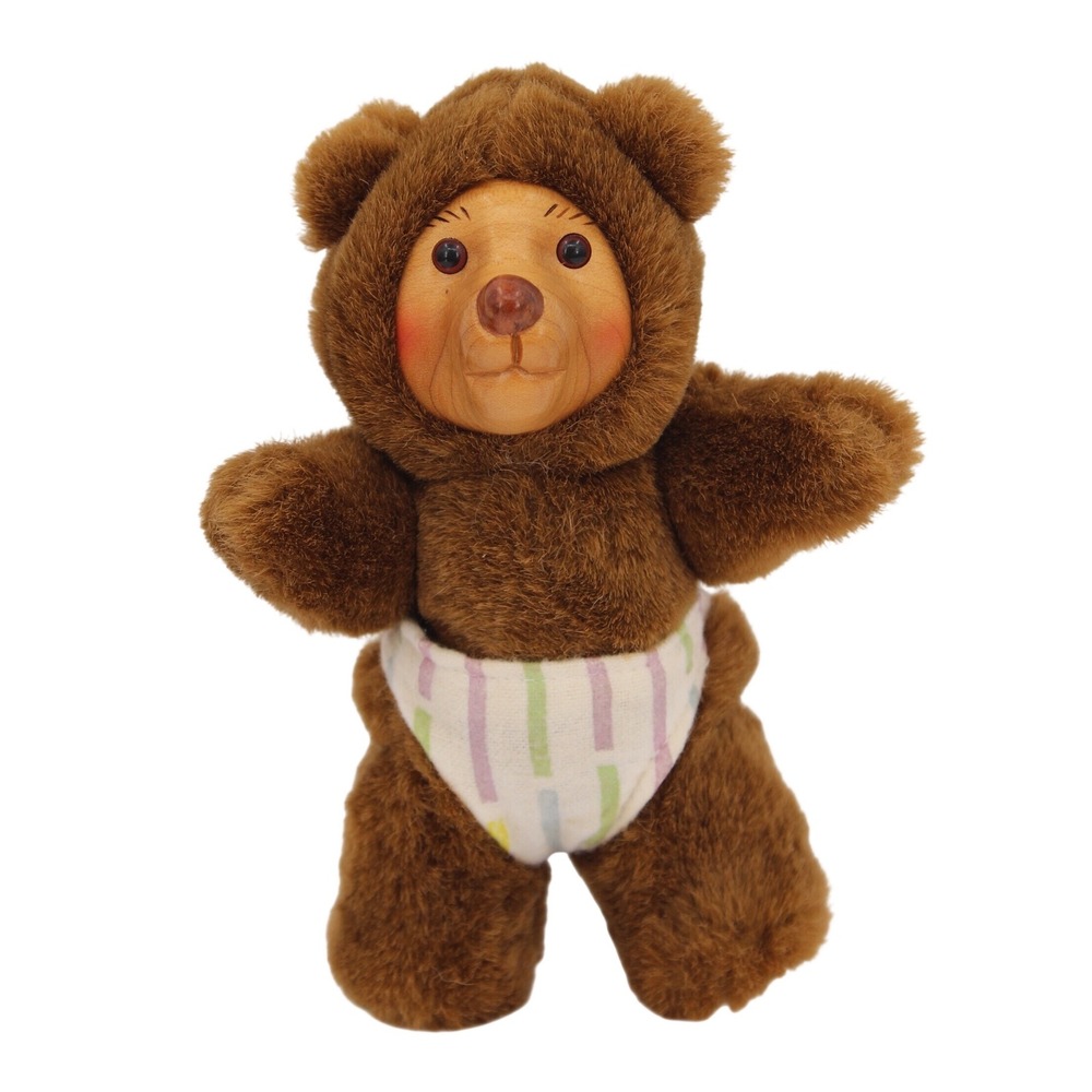 Vintage 1990 Robert Raikes Applause Wood Face Teddy Bear Diaper Signed 7"